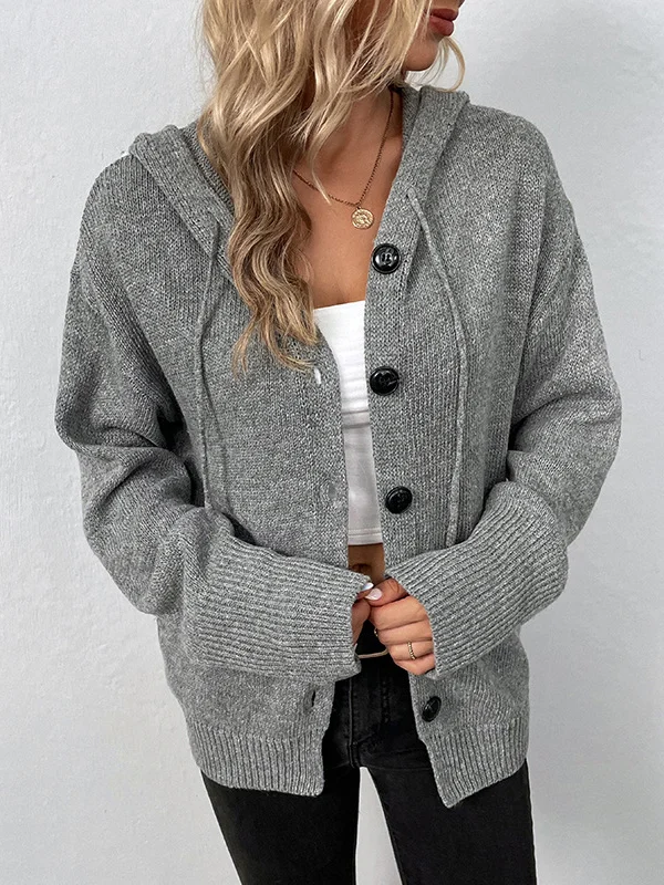 Wrap Buttoned Hooded Solid Color Cardigan