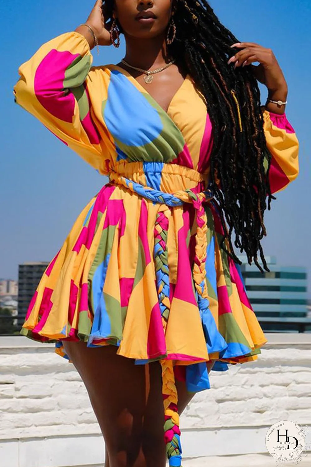 Yellow Sexy Print With Belt V Neck A Line Plus Size