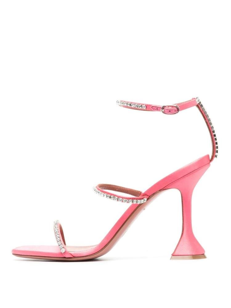 Pink Sparkling Crystal Leather Strappy Buckle Half-Stiletto Half-Flared Heel Square-Toe Sandals
