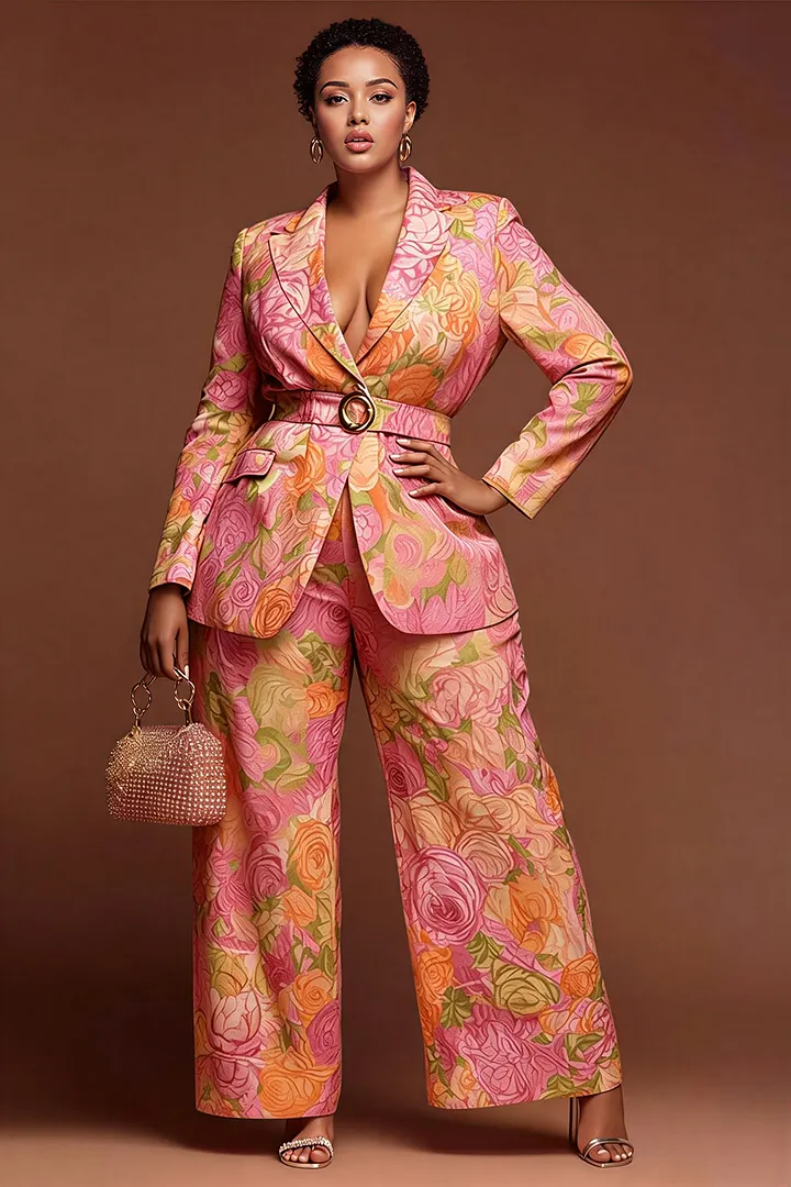 Xpluswear Design Plus Size Formal Pink Floral Turndown Collar Long Sleeve Pocket Satin Two Piece Pant Suits 2024 - Xpluswear