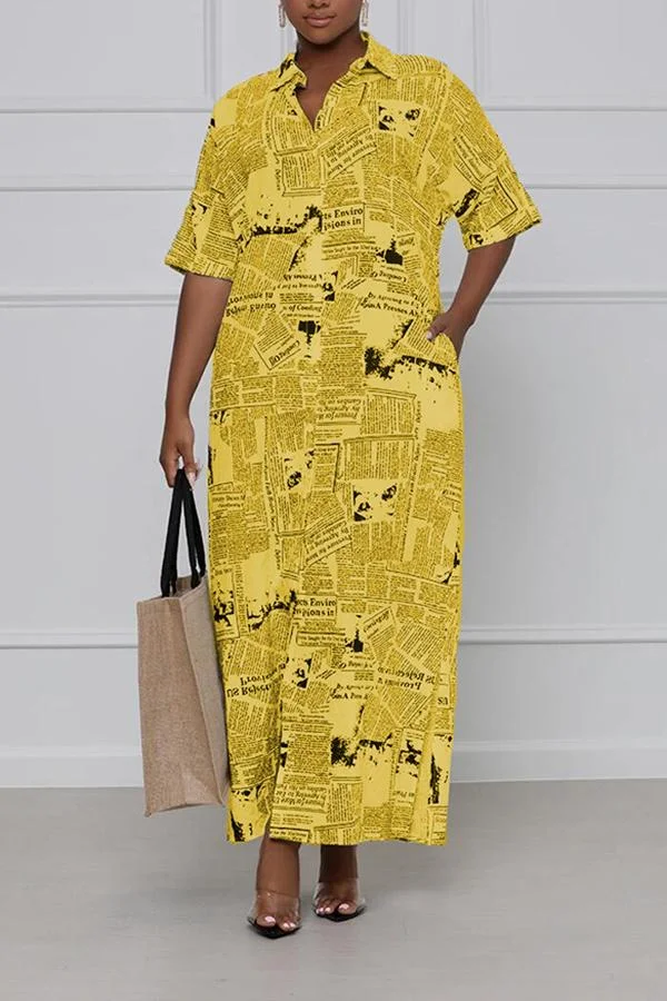 Fashion loose Newspaper Print Half Sleeve Maxi Dress