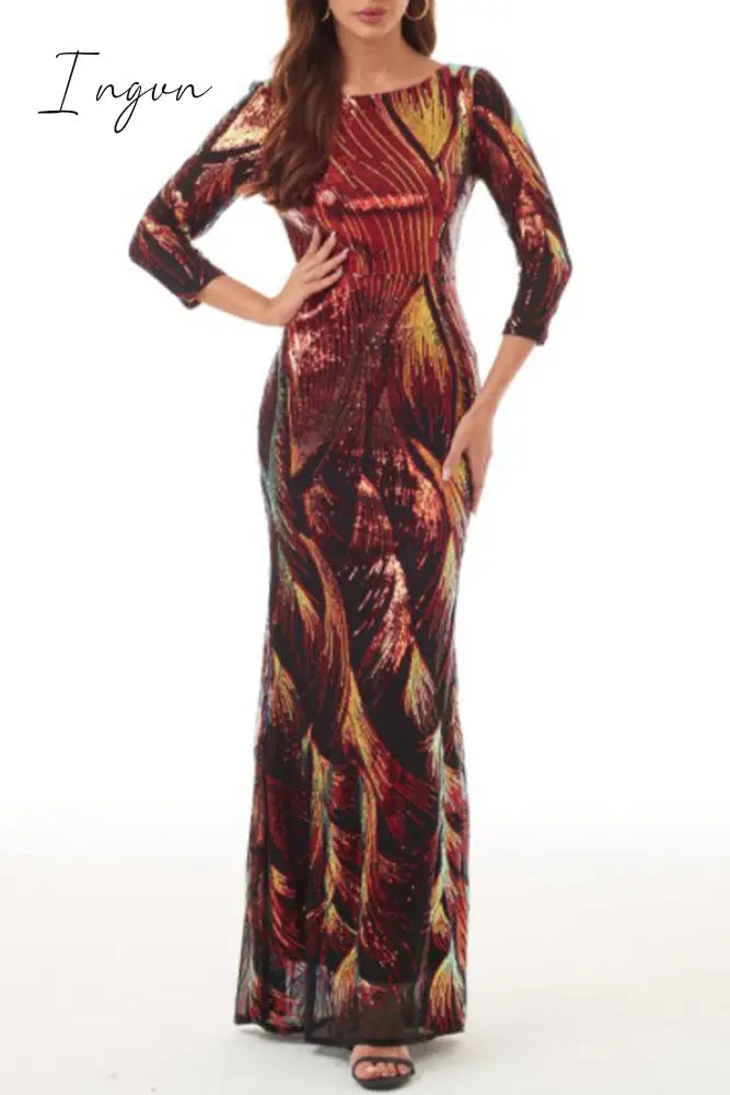Ingvn - Elegant College Color Block Sequins Patchwork O Neck Evening Dress Dresses Burgundy / S