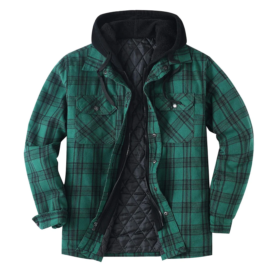 Men's Plaid Hoodie Jacket Long Sleeved Hooded Plaid Thickened Shirt Men's Single Breasted Jacket