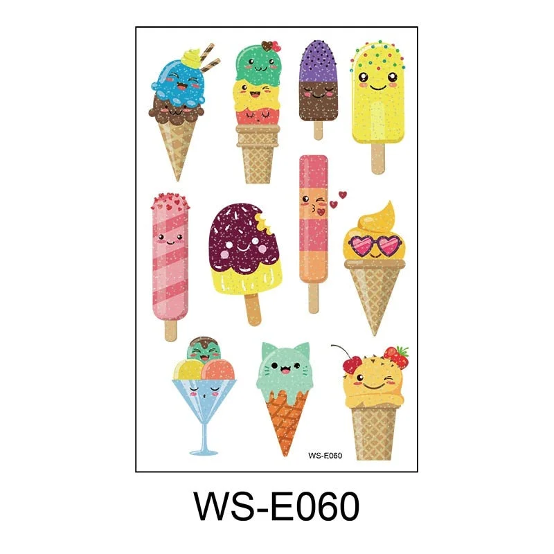 10 Kinds Glitter Powder Temporary Tattoos Cartoon Ice Cream Candy Cakes Kids Fake Tattoo Sticker Cute Party Makeup Tools