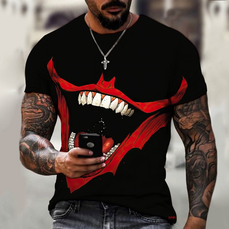Evil Mouth Grin Print Casual Loose Men's Black T-Shirts-VESSFUL