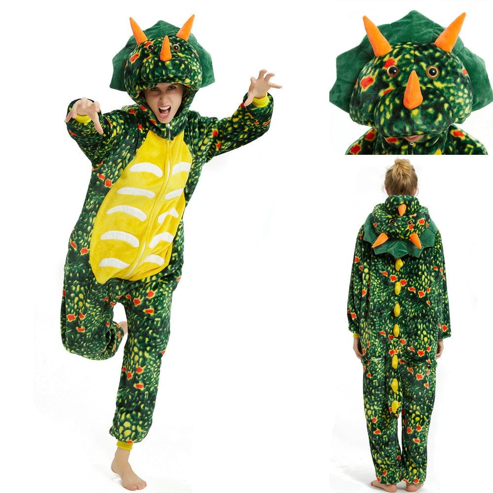 Green Triceratops Dragon Adult Kids Kigurumi Onesies Pajamas Costume-Pajamasbuy
