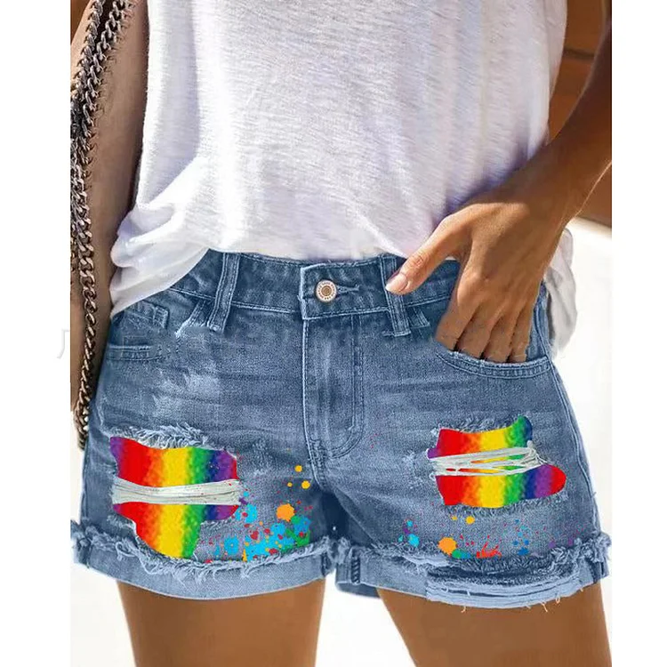 Tie-dye Printed Cuffed Ripped Denim Shorts