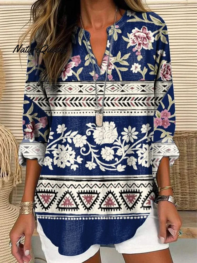 Azteca And Floral Pattern Printed Women's Casual Linen V-Neck Shirt