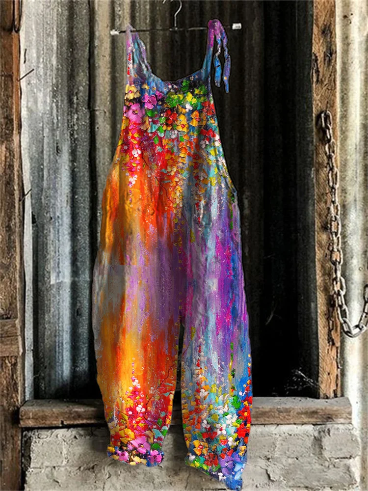 Hanging Flowers Oil Painting Loose Fit Jumpsuit