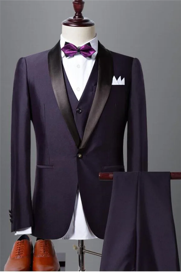 Daisda Classic Dark Purple Shawl Lapel Black Wedding Tuxedo 3 Pieces