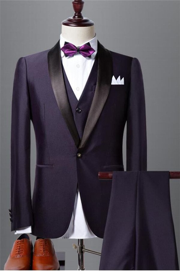 Dark Purple Modern Shawl Lapel Black Wedding Tuxedo 3 Pieces | Ballbellas Ballbellas