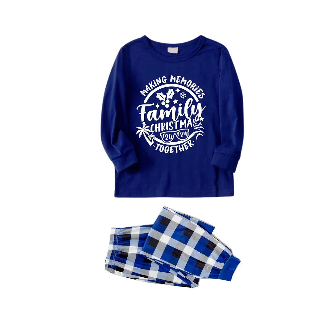"2024 Family Christmas Making Memories Together" Printed Blue and White Plaid Family Matching Pajamas
