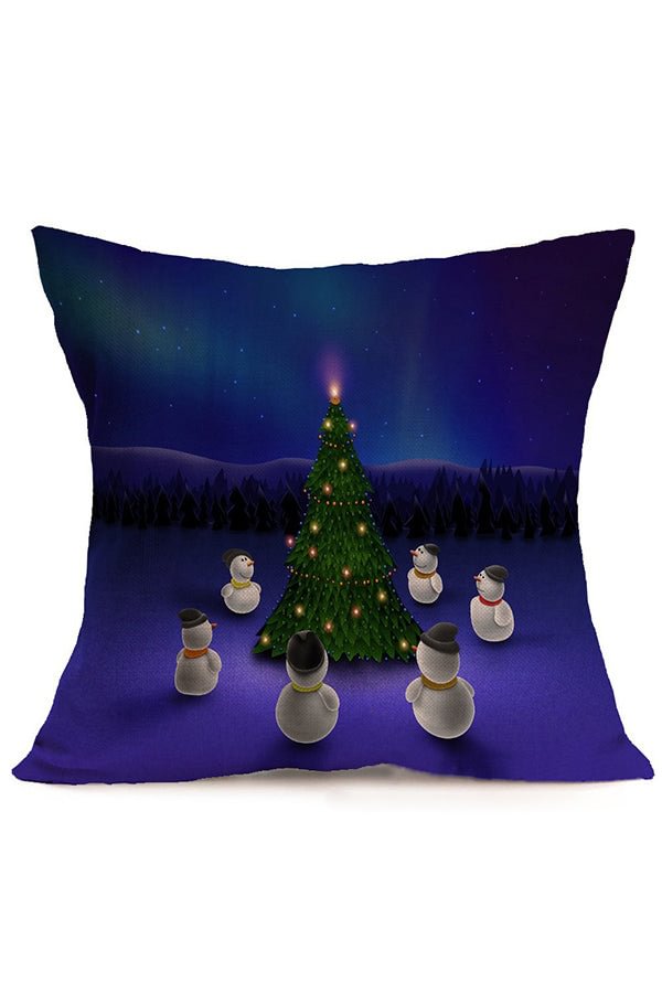 Cute Christmas Trees Snowman Print Throw Pillow Cover Sapphire Blue-elleschic