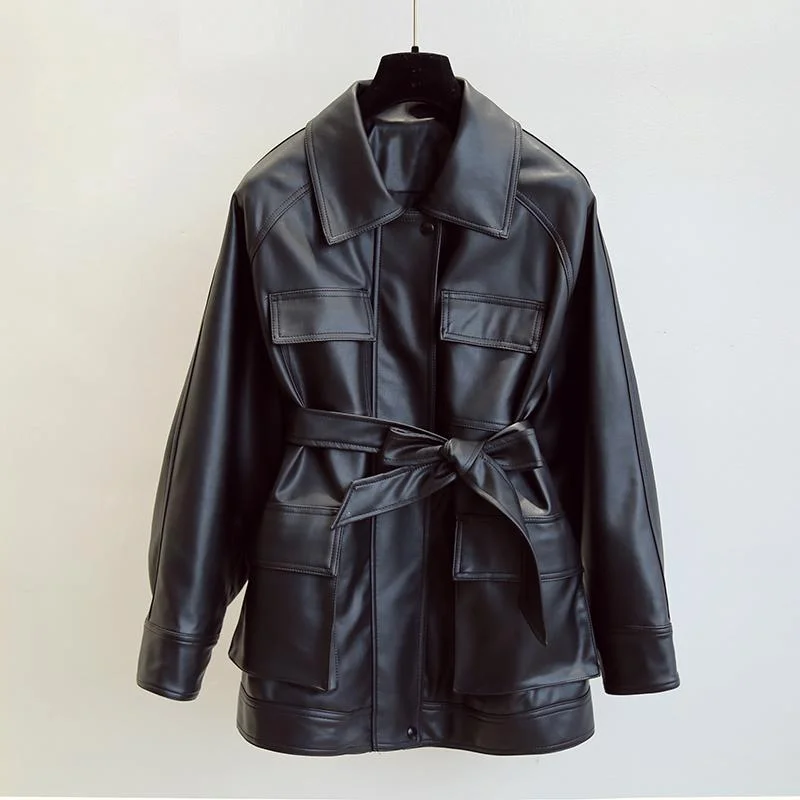 FTLZZ Slim PU Coats Women Faux Leather Jackets Vintage Motor Biker Jackets Elegant Tie Belt Waist Pockets Buttons Coats