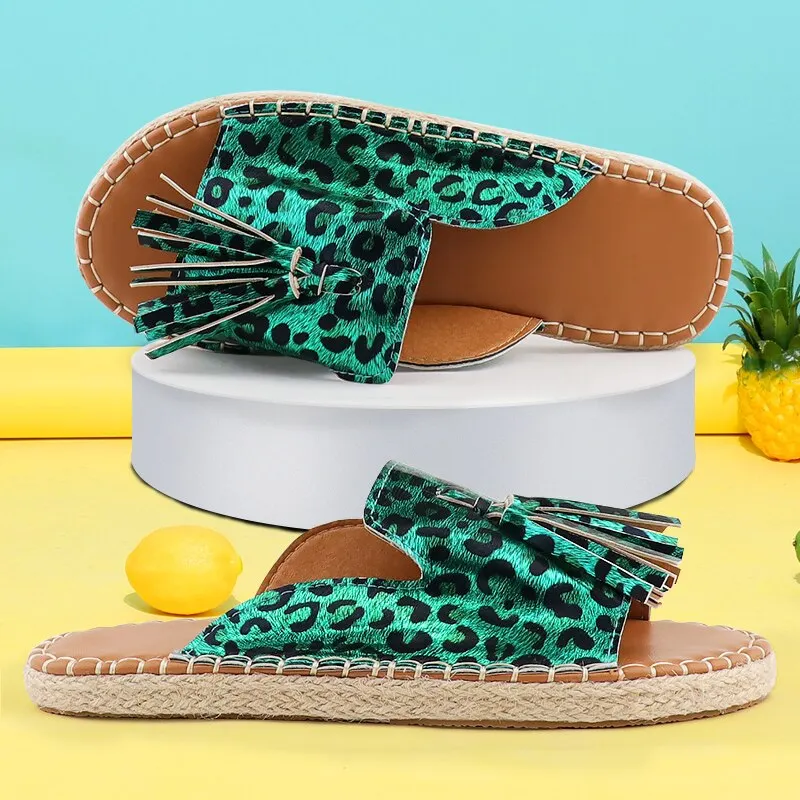 Flat Sandals women Fashion Fringe Designer Slides Summer shoes for Ladies Plus size 41 Female Handmade Shoes Holidays Leopard
