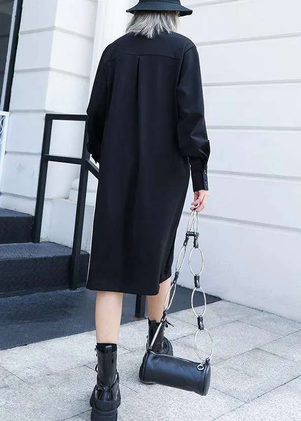 black Cotton tunic top stand collar Button cotton fall Dress
