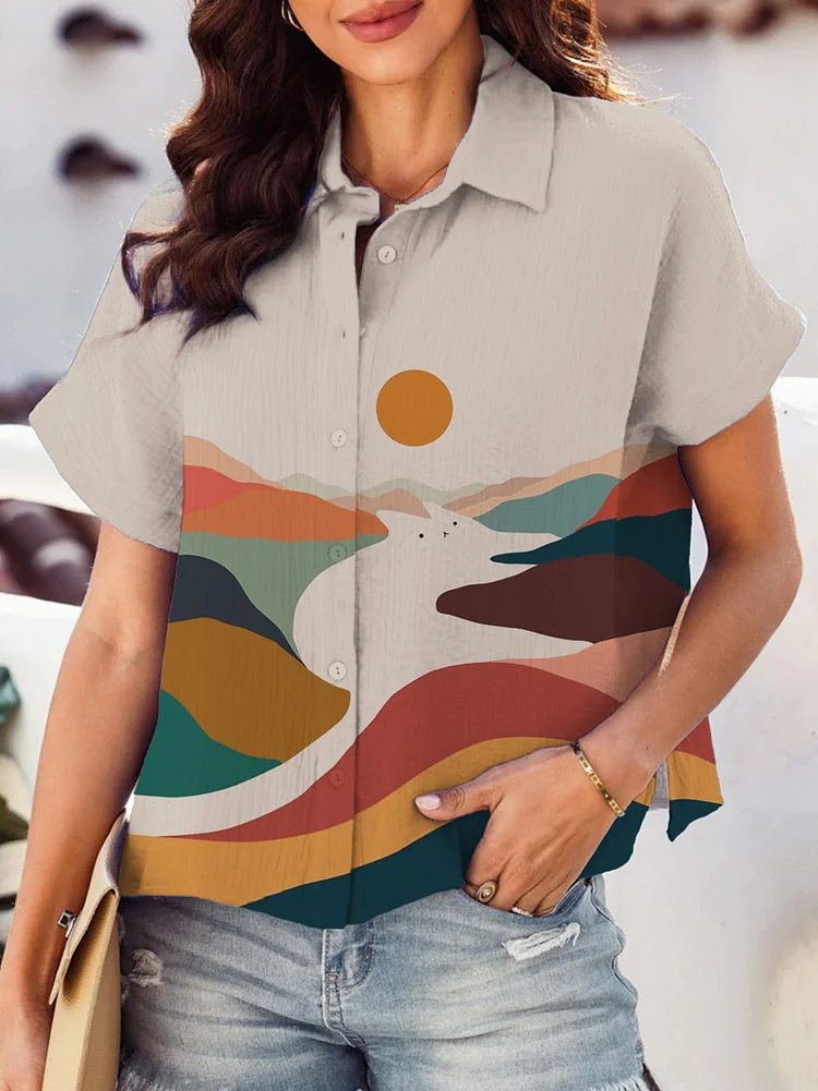 Women's White Cat Abstract Color Block Art Print Short Sleeve Casual Shirt