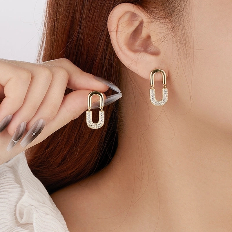 1 Pair 18K Gold Plated 925 Sterling Silver Zircon U Shape Ear Studs