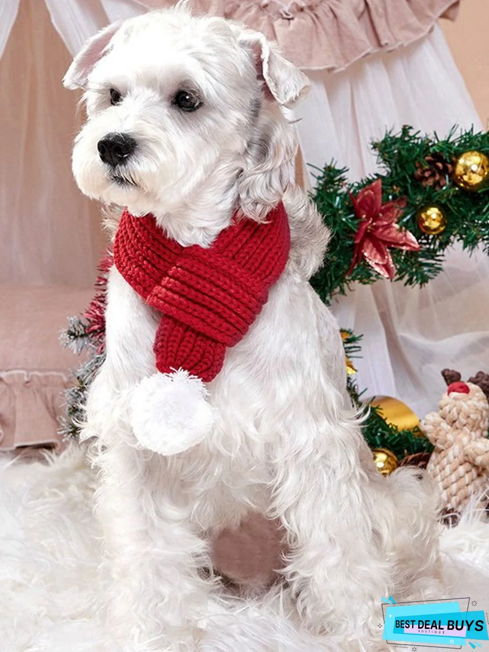 Christmas Pet Dogs Cats Handmade Crochet Pom Poms Red Scarf Holiday Party Pet Decorations