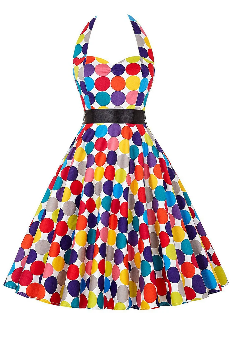 1950s Multicolor Casual Halter Colorful Polka Dot Fitted Waist Swing Midi Dress (With Belt)