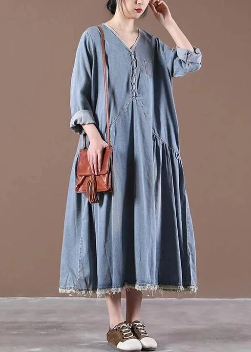 Bohemian Cotton Tunic Casual V-neck Denim Tasseled Spring Pleated Dress