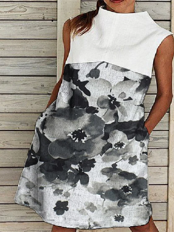 Women's Sleeveless Turtle Neck Floral Printed Mini Dress