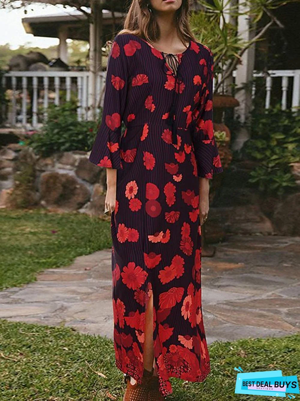 Women's T-Shirt Dress Tee Dress Maxi Long Dress - Long Sleeve Floral Split Patchwork Print Spring Fall Casual Red Orange Black Dresses