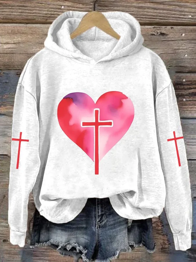 Women's Valentine's Day Heart With Cross Print Hoodie