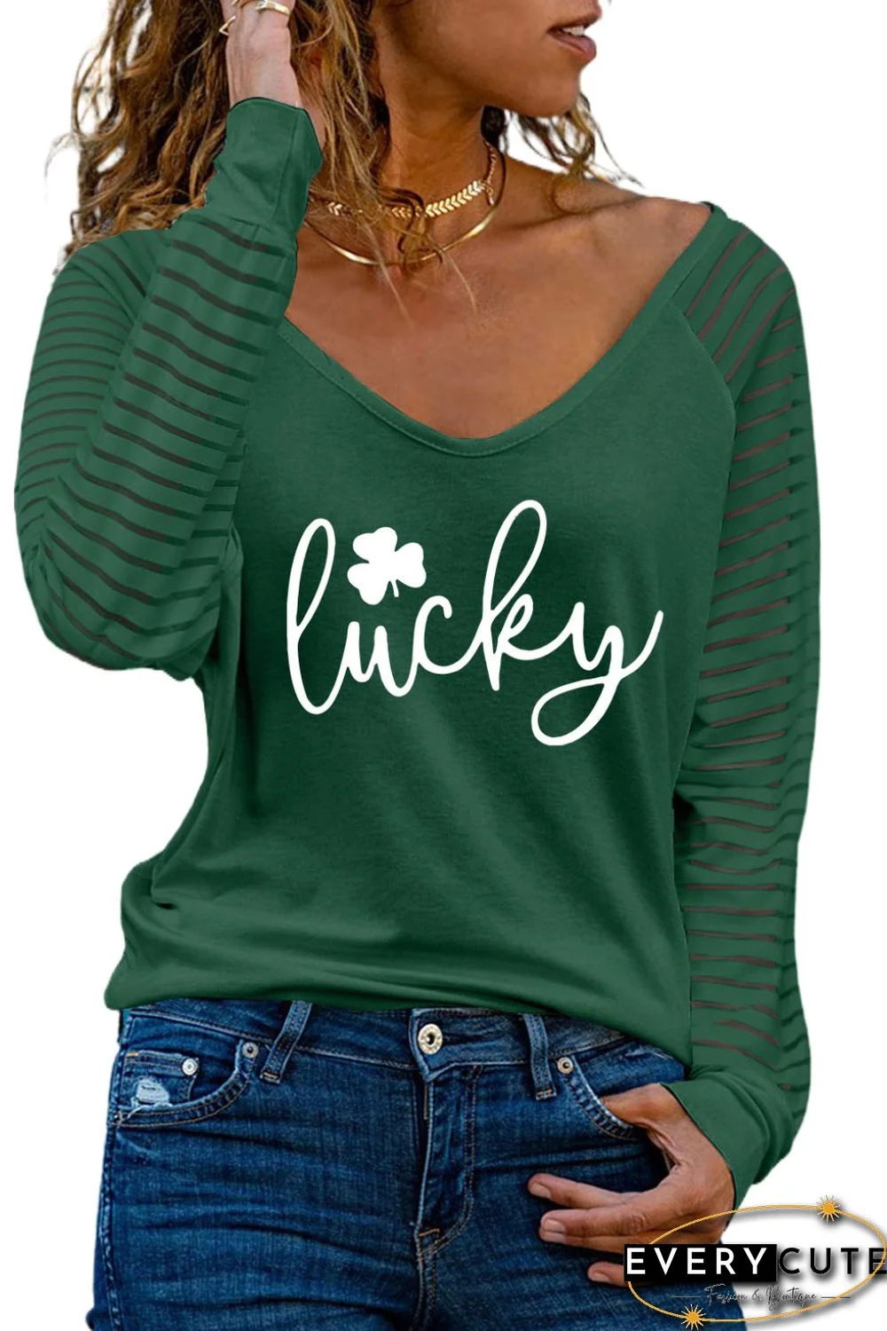 Green Clover Lucky Pattern Sheer Striped Long Sleeve Top