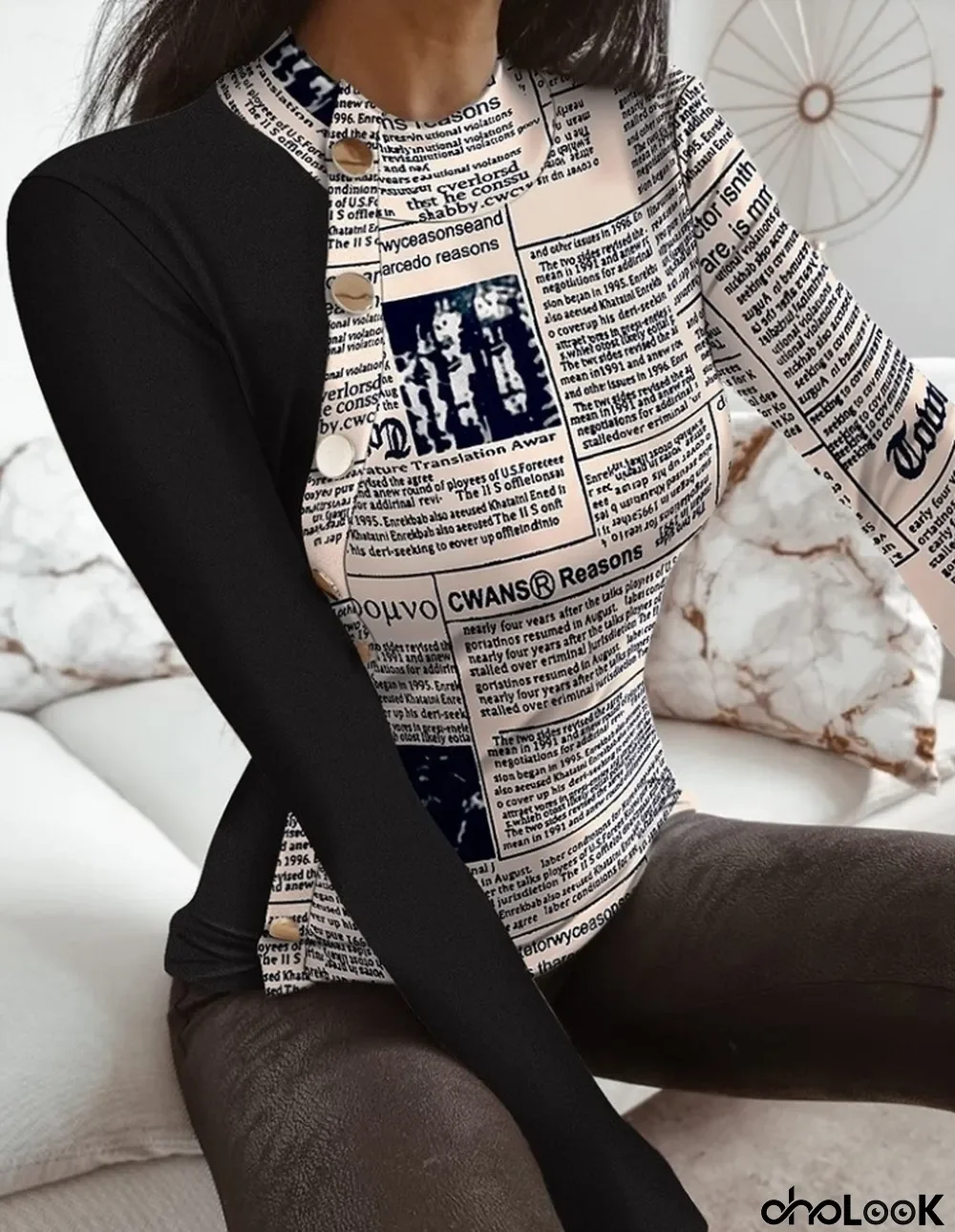 Spring Sexy Newspaper Printed Patch Black Round Neck Button Long Sleeve Puffover Blouse