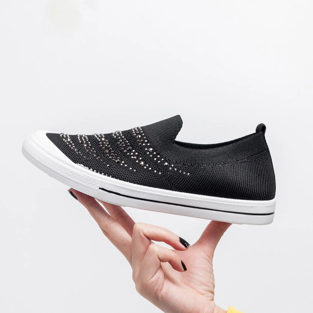 women's summer sneakers Ladies  Shoes Flat Loafers Crystal Fashion white Bling Sneakers knit Slip On Breathable Casual Shoes