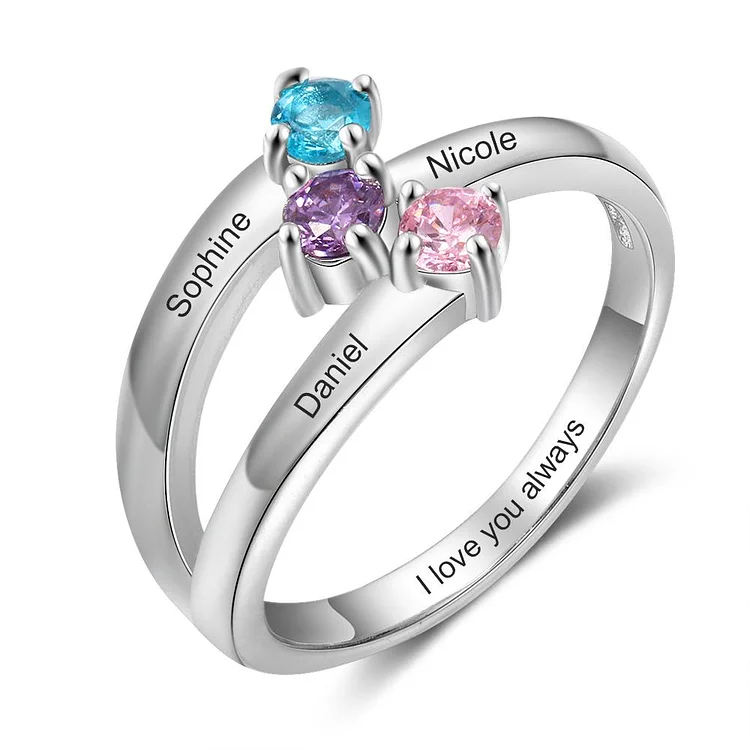 Mother Ring with 3 Birthstones Mom Rings Engraved 3 Names Personalized Family Ring