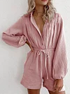 Solid Color V-Neck Long Sleeve Drawstring Loose Rompers