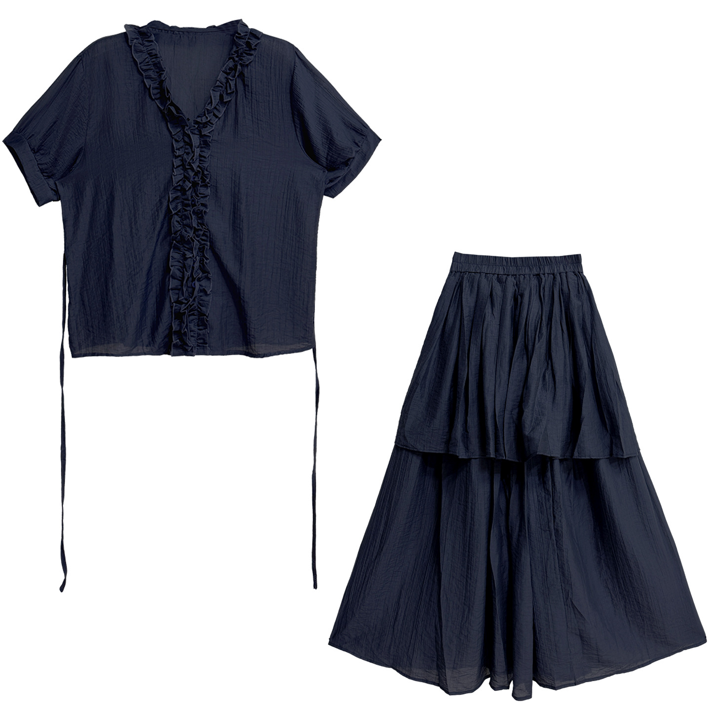 Retro solid color short sleeved top&high waisted skirt set