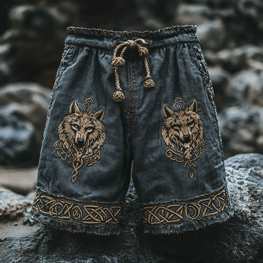 Comstylish Men's Vintage Viking Wolf Celtic Knot Print Linen Blend Casual Shorts