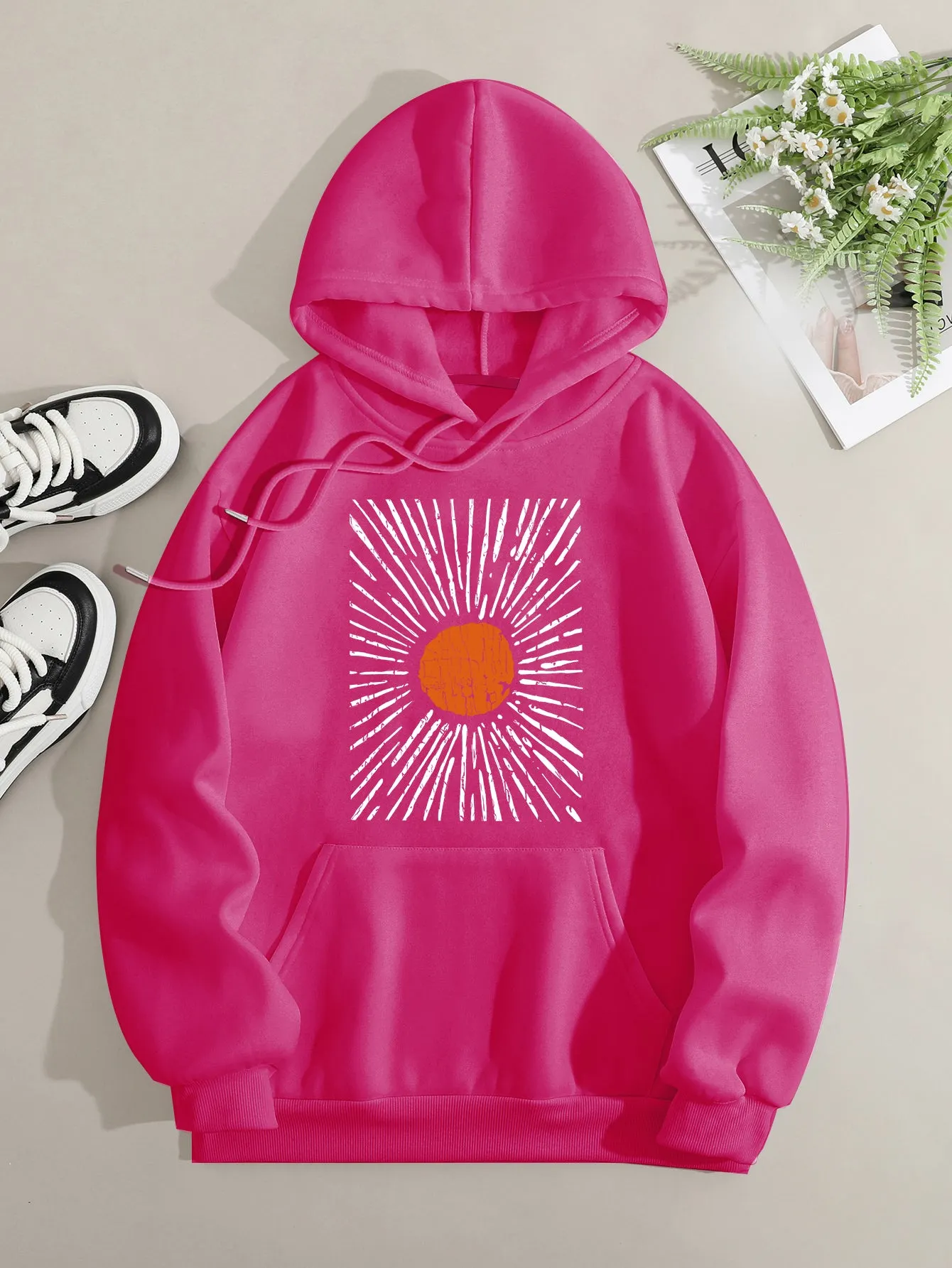 Printed on front Kangaroo Pocket Hoodie Long Sleeve for Women Pattern Sunset