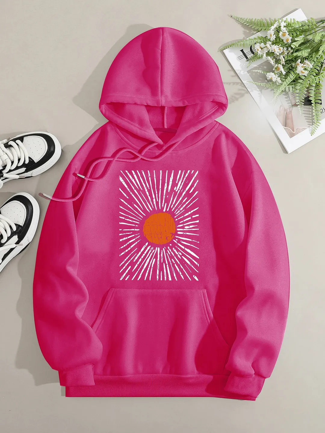 Printed on front Kangaroo Pocket Hoodie Long Sleeve for Women Pattern Sunset