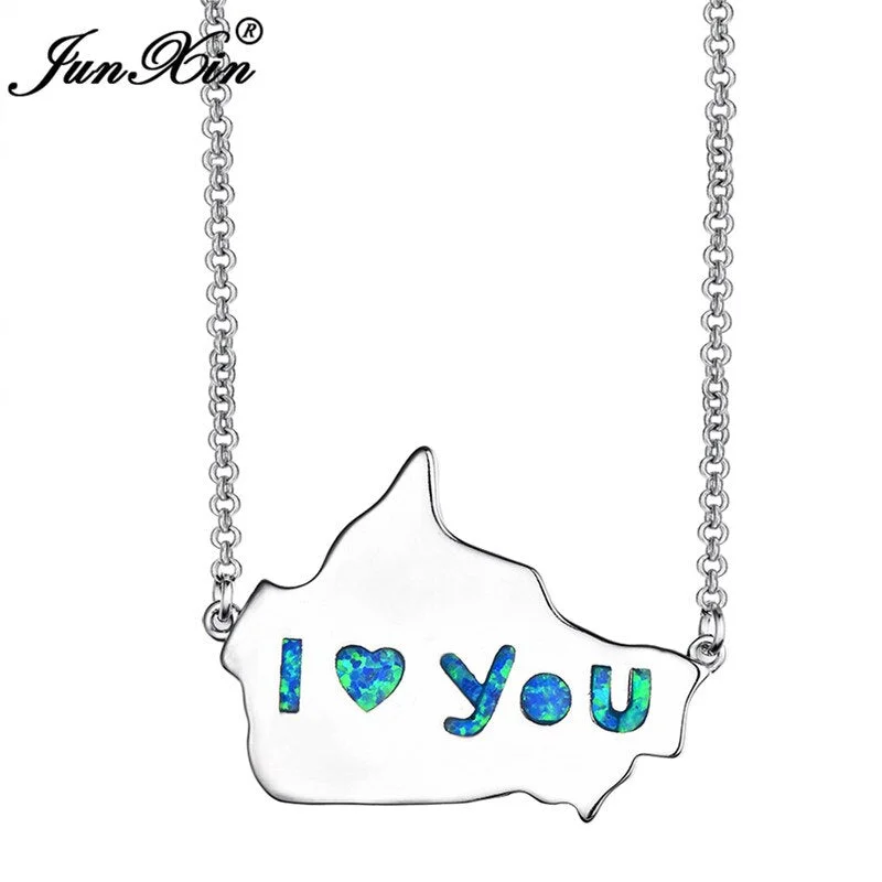 Boho Female Canada Map Letter Pendants Necklaces Fashion Silver Color Wedding Jewelry White Blue Fire Opal Necklaces For Women