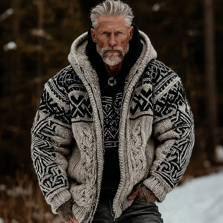 Men's Viking Celtic Knot Art Zip Cozy Hooded Cardigan