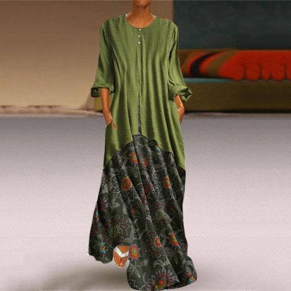 Women Fashion Retro Printed Fake Two-Piece Dresses