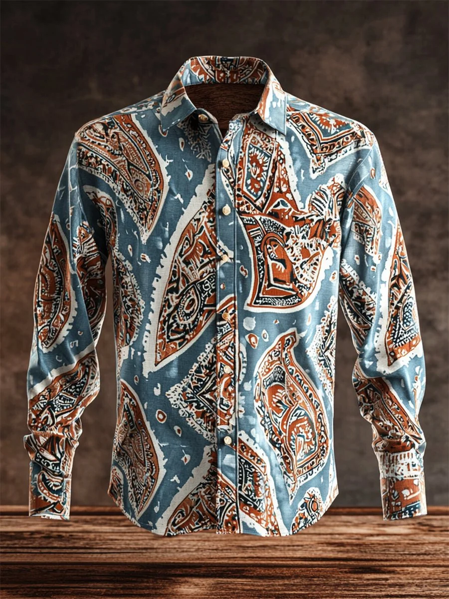 Men's Retro Casual Western Ethnic Print Long Sleeve Shirt 