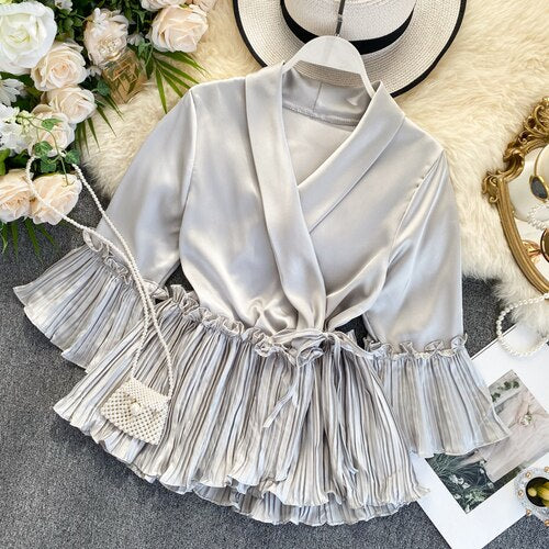 2021 New Women Blouse V-neck Poplin Three Quarter Flare Sleeves Slim Blouse Ladies Casual Flounced Solid Draped Shirt Tops LANFUBEISI