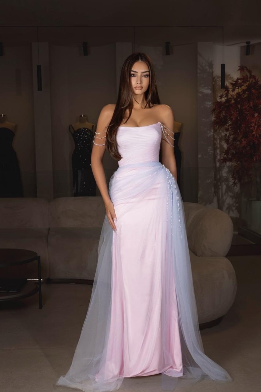 Lussooy Elegant Strapless Blushing Pink Sleeveless Long Prom Dress with Tulle 