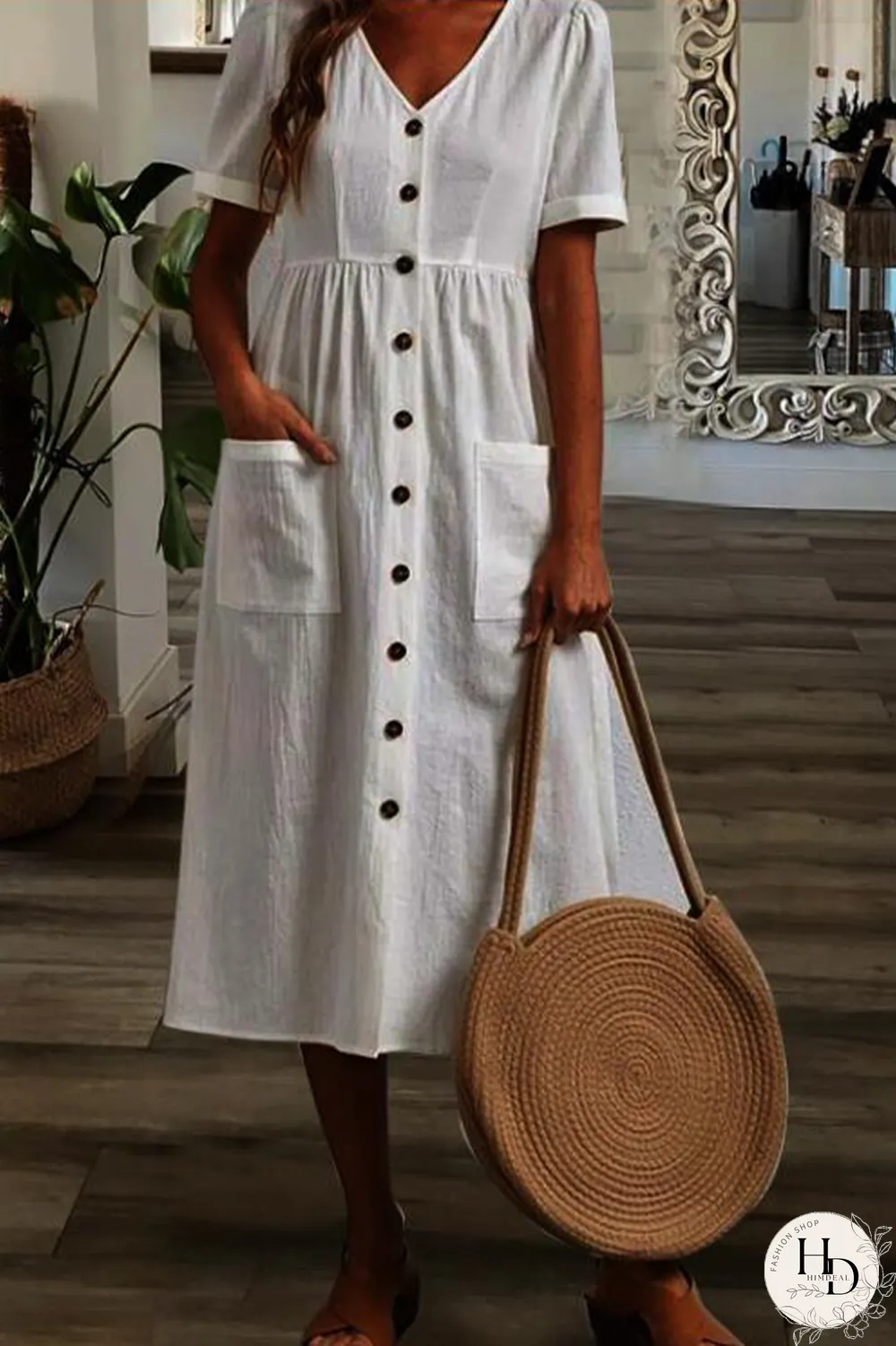 Casual Solid Buckle V Neck Cake Skirt Dresses