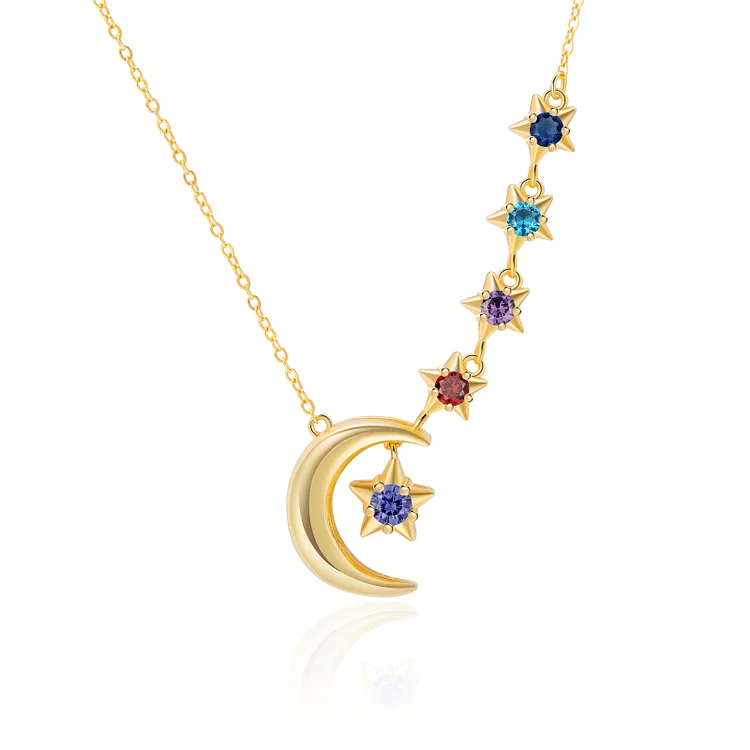 5 Birthstones - Personalized Birthstone Crescent Star Necklace, Gift for Her