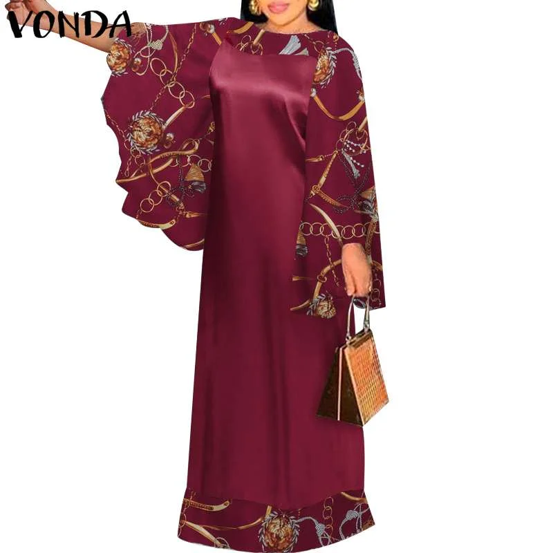Long Sleeve Vintage Printed Patchwork Maxi Dress 2022 VONDA Women Flare Sleeve Bohemian Dress Oversized SundressRobe Femme