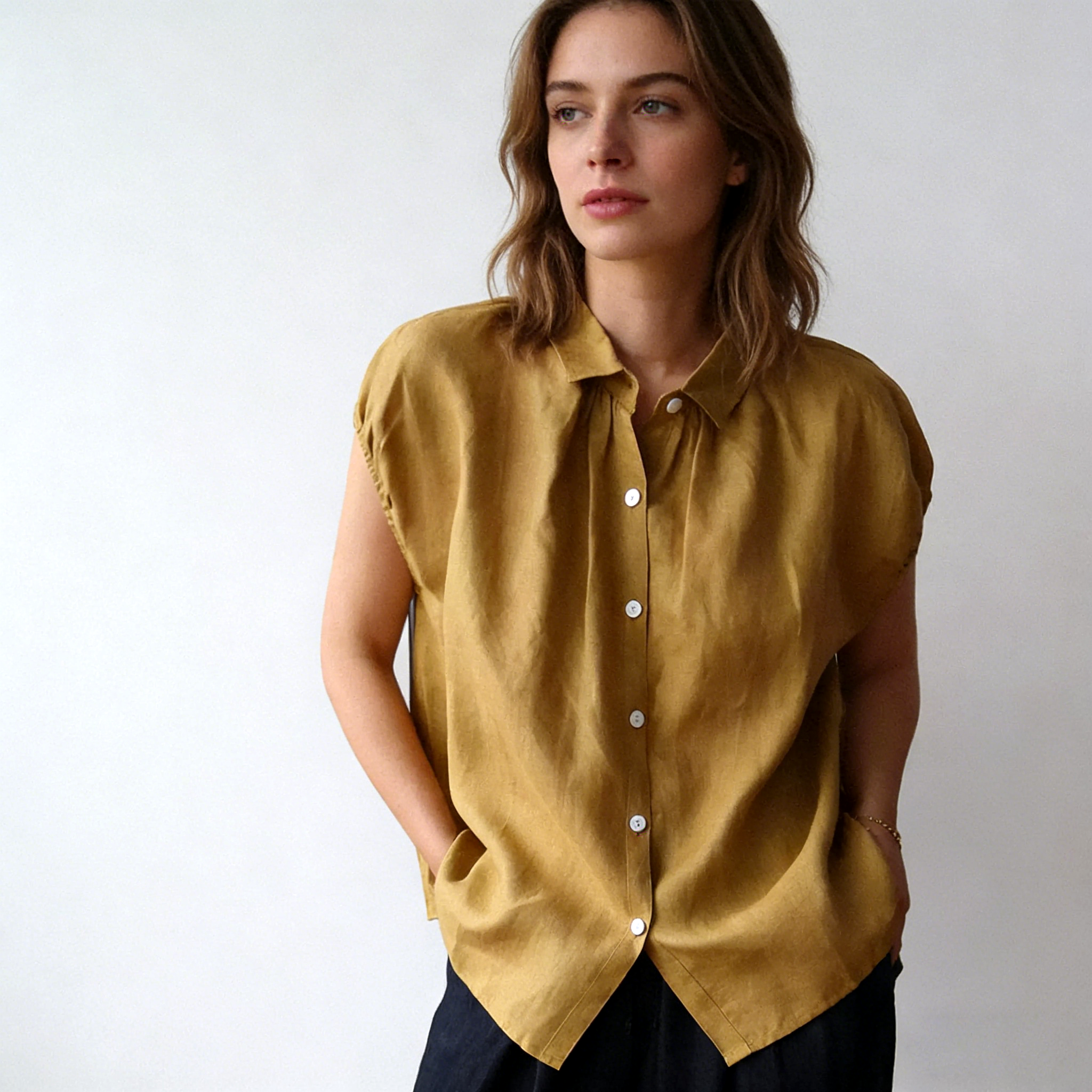 Linen Shirt Women 100% Linen Cap Sleeve Gathered Neck Top REAL SILK LIFE