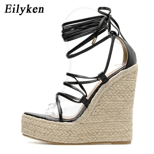 Eilyken 2022 New Champagne Gold Women Sandals Black Lace-up Peep toe Summer Wedges High Heels Large Size 35-42 Elegant Sandals