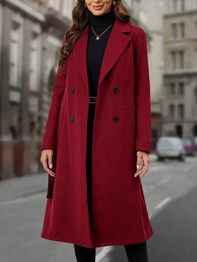 Women's Solid Color Notched Collar Long Sleeve Pocket Elegant Wool Blend Coat, Autumn/Winter