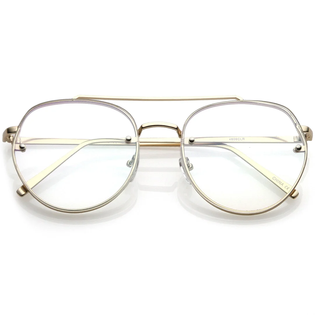 Modern Round Aviator Eyeglasses Slim Brow Bar Rimless Clear Flat Lens  59mm